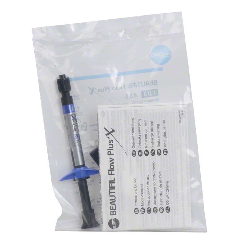 Injektionsspritze BEAUTIFIL Flow Plus X F03 A3.5 in transparenter Verpackung.