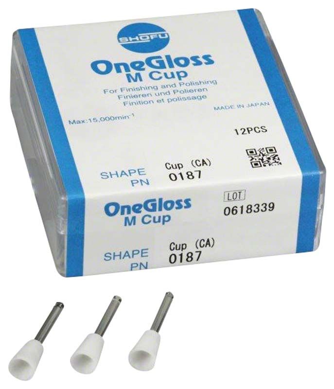 OneGloss M Polierer Form Kelch mit Verpackung und drei Polierern.