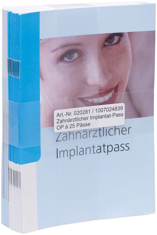 Zahnärztlicher Implantatpass mit blauem Cover und Artikelnummer.