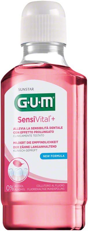 GUM SensiVital+ Mundspülung Flasche 300ml mit Etikett und rosa Flüssigkeit