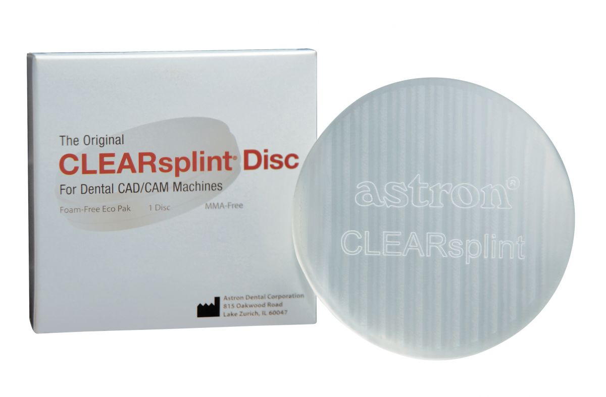 Verpackung und transparente Zahnschiene astron® CLEARsplint® Blank ohne Schulter.