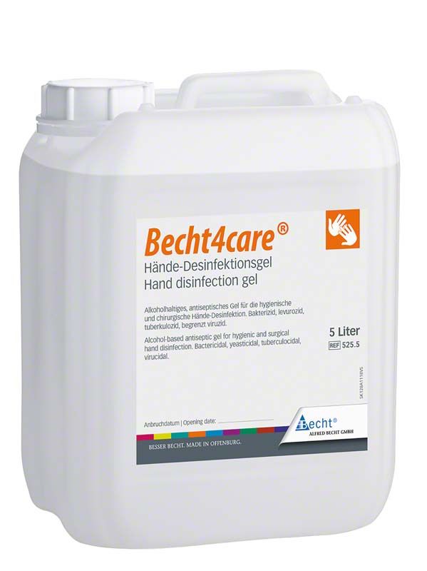 Becht4care® 5-Liter-Kanister Händedesinfektionsgel mit Etikettinformationen.