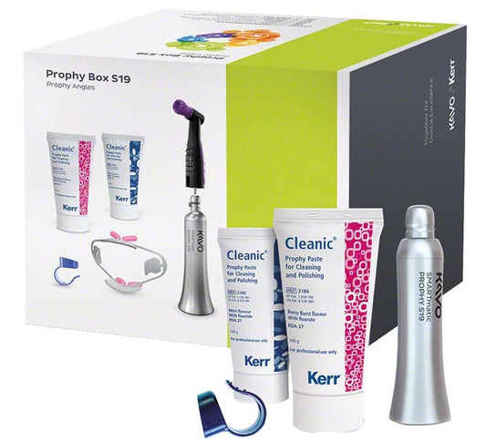 KaVo Kerr Prophy Box SMARTmatic S19 mit Zahnarztinstrumenten und Prophylaxepaste.