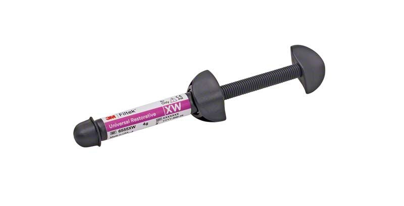 Filtek™ Universal Restorative Spritze XW mit grauem Kolben und Etikett.