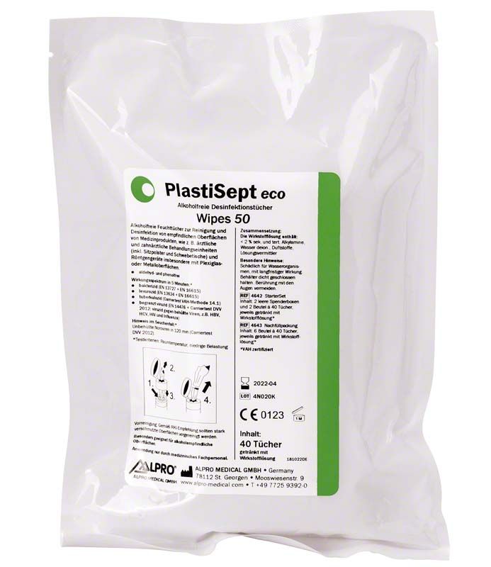 PlastiSept eco Wipes 50 Nachfüllbeutel mit grün-weißem Etikett und Produktinformationen.