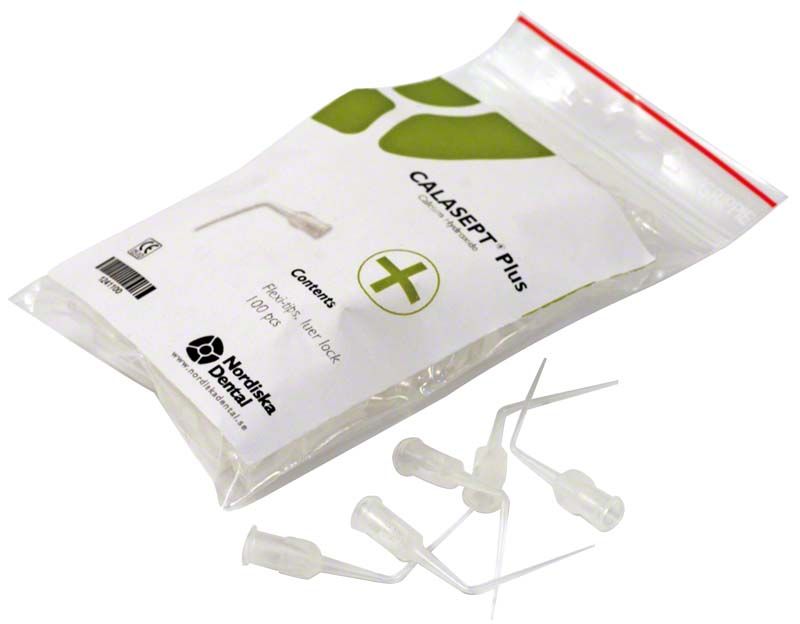 Calasept plus Flexi-Tips in geöffneter Verpackung mit Applikatoren sichtbar.
