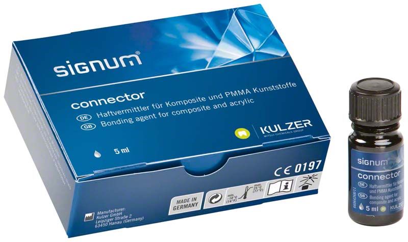 Signum® connector Verpackung mit 5 ml Fläschchen für Prothesenkunststoffe.