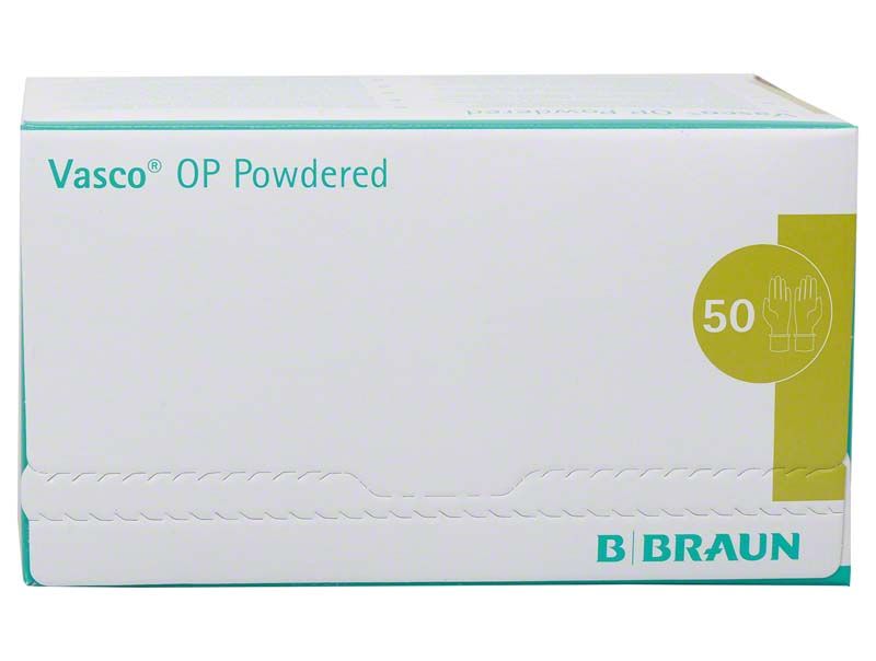 Vorderansicht der Verpackung von Vasco® OP gepudert Gr.6 mit Handschuhsymbol und 50 Stück Angabe.