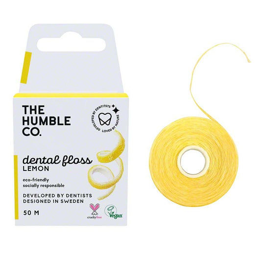 Humble Zahnseide Zitrone in gelber, umweltfreundlicher Verpackung.