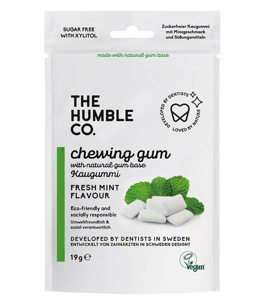 Humble Zahnkaugummis Minze in umweltfreundlicher Verpackung mit Minzblättern.