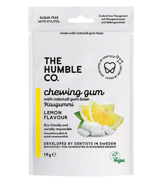 Zuckerfreie Humble Zahnkaugummis Zitrone in umweltfreundlicher Verpackung.