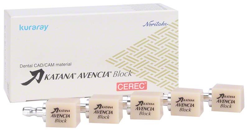 KATANA™ AVENCIA™ Block Cerec 14L A3 CAD/CAM-Blöcke vor Produktverpackung.