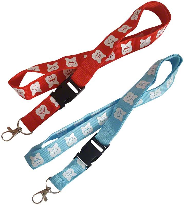 Schlüsselband mit Zahnmotiven in Rot und Blau, abnehmbarer Schlüsselteil.