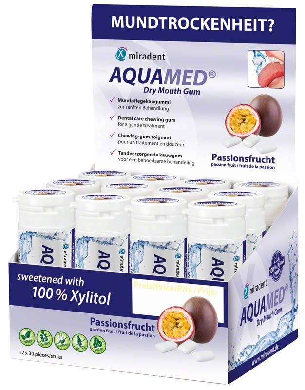 AQUAMED® Mundpflegekaugummi mit Passionsfruchtgeschmack in Displaybox.