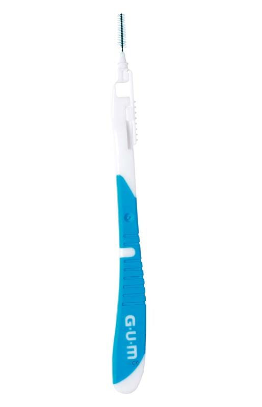GUM® BI-DIRECTION Zahnbürste Gr. 2 mit blauem Griff, Detailansicht.