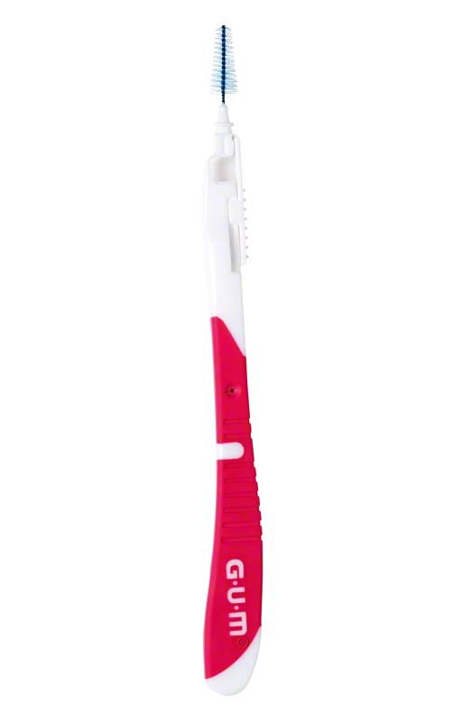 GUM® BI-DIRECTION Interdentalbürste mit pinkem Griff und schwenkbarem Bürstenkopf.