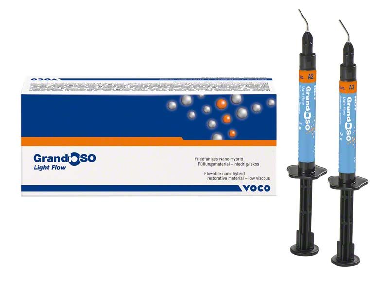 Fließfähiges Nano-Hybrid-Füllungsmaterial GrandioSO Light Flow WO mit Verpackung.
