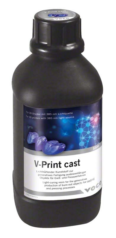Schwarze Flasche V-Print cast blue mit Etikett für 3D-Drucker.