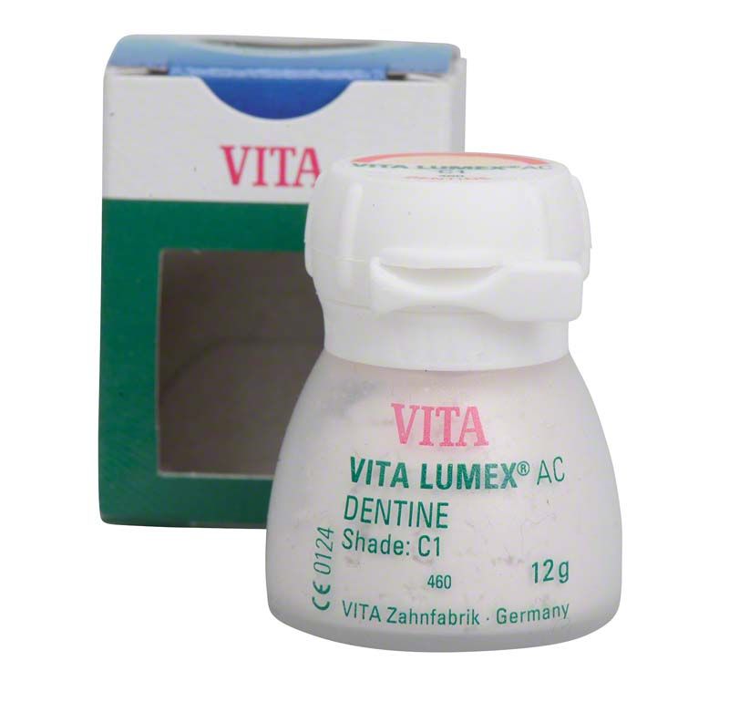 VITA LUMEX® AC Dentine 12g C1 in weißem Behälter vor Verpackung.