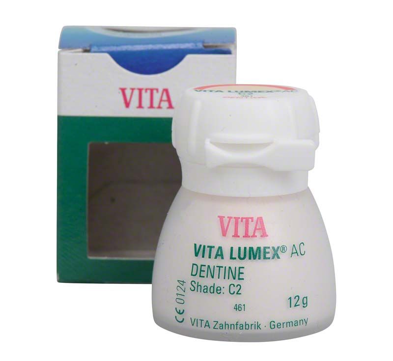 VITA LUMEX® AC Dentine 12g C2 in weißem Behälter vor Verpackung.