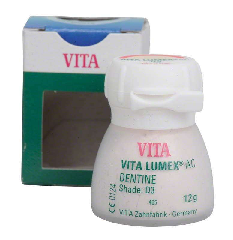 VITA LUMEX® AC Dentine 12g D3 Zahnpulverbehälter vor Verpackung mit Sichtfenster.