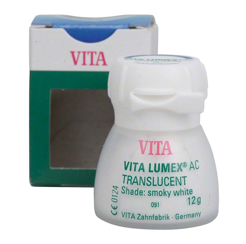 VITA LUMEX® AC Translucent 12g Dose in rauchweißem Farbton vor Verpackung.