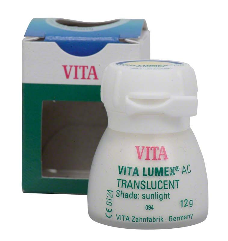 VITA LUMEX® AC Translucent 12g in Sonnenlicht-Farbton vor Verpackung.