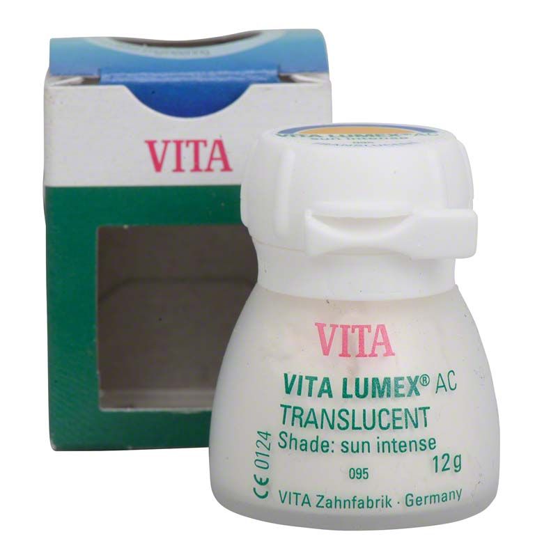 VITA LUMEX® AC Translucent 12g Behälter vor Verpackung mit Fensteransicht.