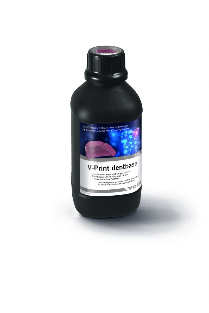 Schwarze Flasche V-Print dentbase mit Etikett und farbigem Design.