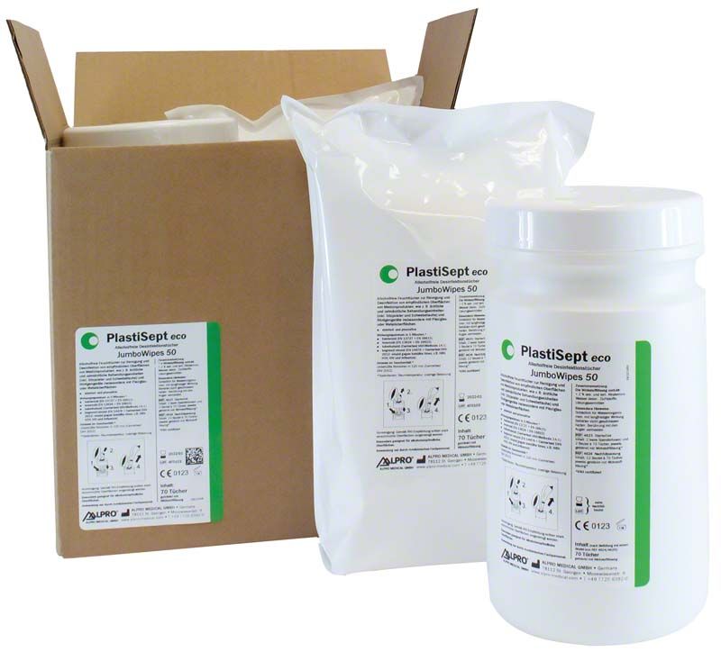 PlastiSept eco JumboWipes 50 Starter Set mit Verpackung und Behälter für Desinfektionstücher.