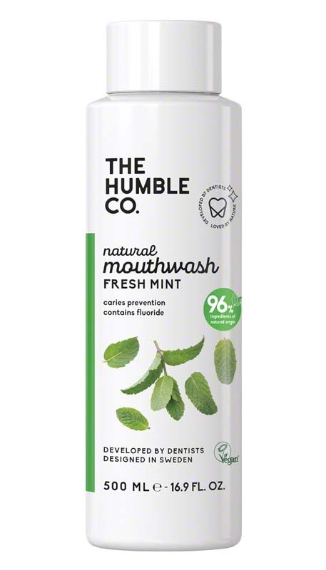 Mundspülung "Humble Mundspülung Minze" mit Minzblättern und 500 ml Angabe.