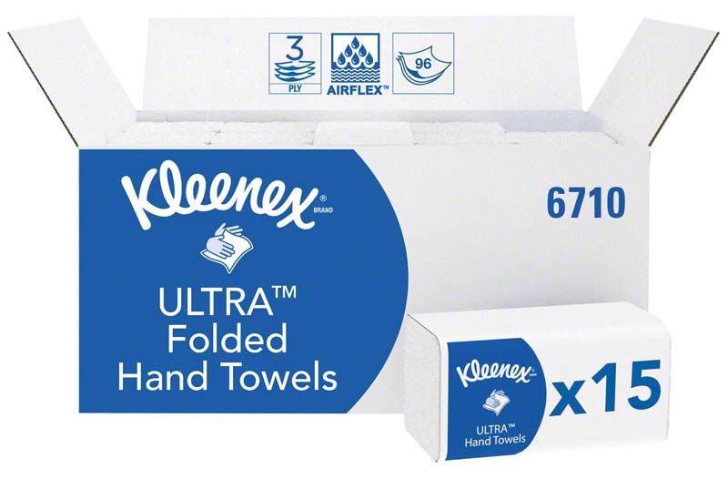Kleenex® Ultra Handtücher Verpackung mit Hygienesymbolen und Produktinformationen.