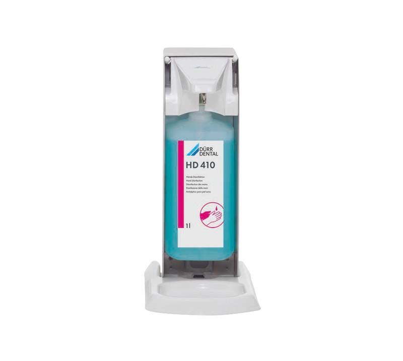 Universal-Präparatespender Touchless XT 1000 mit Desinfektionsflasche im Spender.