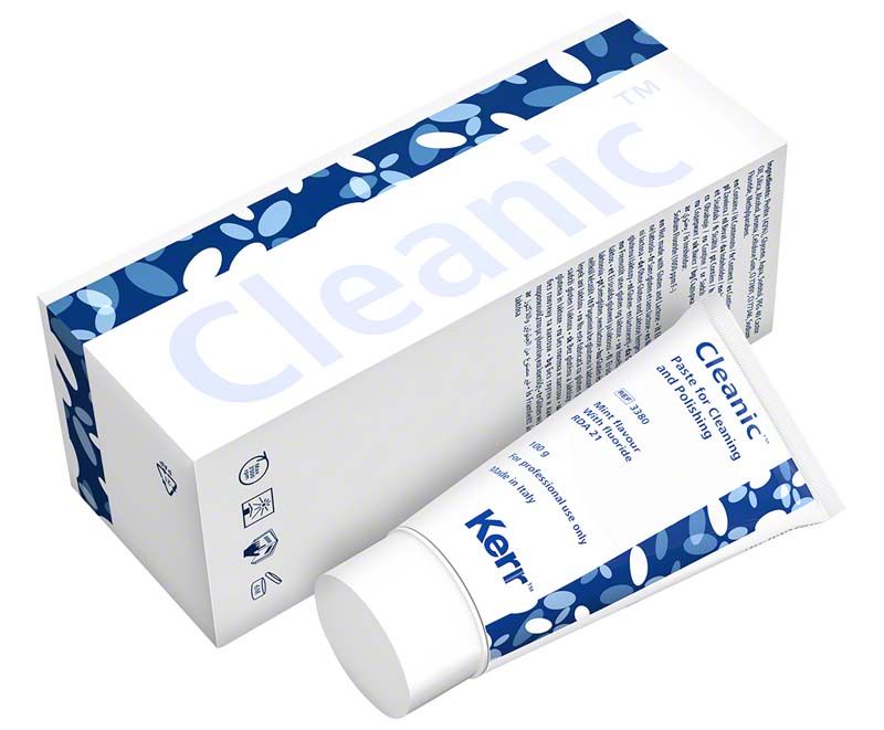 Cleanic™ Prophy-Paste Tube und Verpackung mit blauen Designelementen.