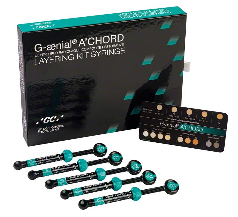 G-aenial™ ACHORD Spritzen Kit LAYERING mit Farbmusterkarte und Verpackung.