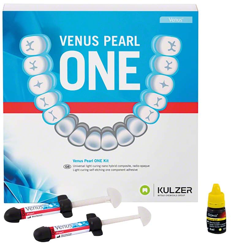 Venus® Pearl ONE Spritzen Kit mit zwei Spritzen und Flasche auf weißem Hintergrund.