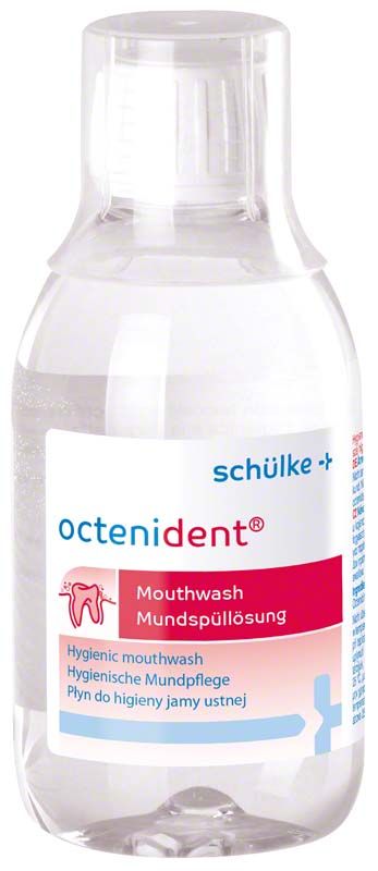 Octenident® Mundspüllösung 250ml Flasche mit Etikett und Logoansicht.