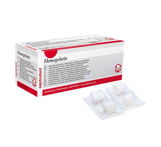 Hemogelatin-Gelatineschwamm in Originalverpackung mit vier Einzelblistern.