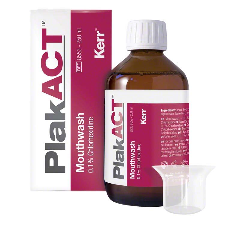 PlakACT™ Mundspüllösung 0,1% Chlorhexidin 250ml Flasche mit Messbecher.