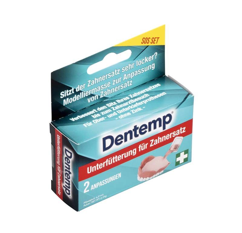 Dentemp® Unterfütterungsmaterial Verpackung mit Zahnersatz-Anpassungshinweisen.