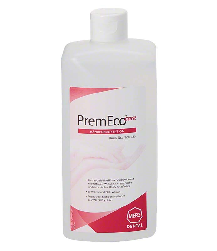 PremEco® care Flasche 500ml für Händedesinfektion mit rotem Etikett.