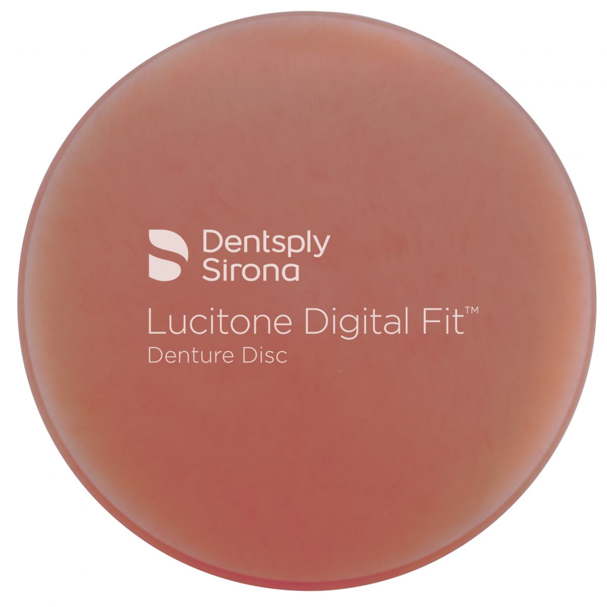 Lucitone Digital Fit™ Denture Disc 25mm in hellem Rotton mit Logoaufdruck.
