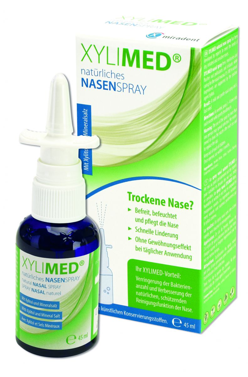 Miradent XYLIMED Nasenspray 45ml vor Verpackung mit grünen und blauen Designelementen.