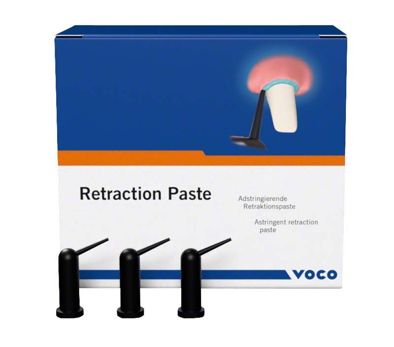 Retraction Paste Caps Verpackung mit drei schwarzen Applikatorkappen vorne.