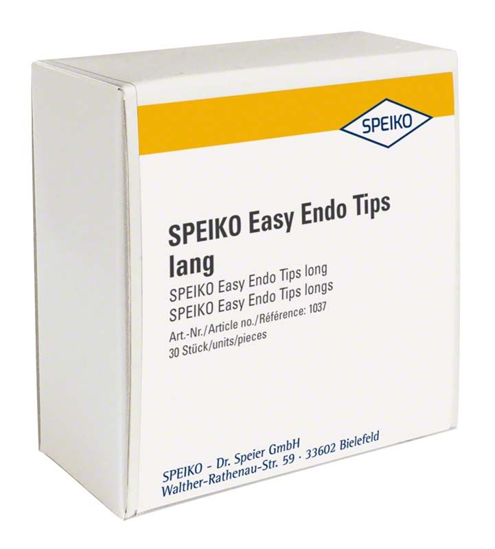 SPEIKO Easy Endo Tips lang in weißer Verpackung mit blauer und gelber Aufschrift.
