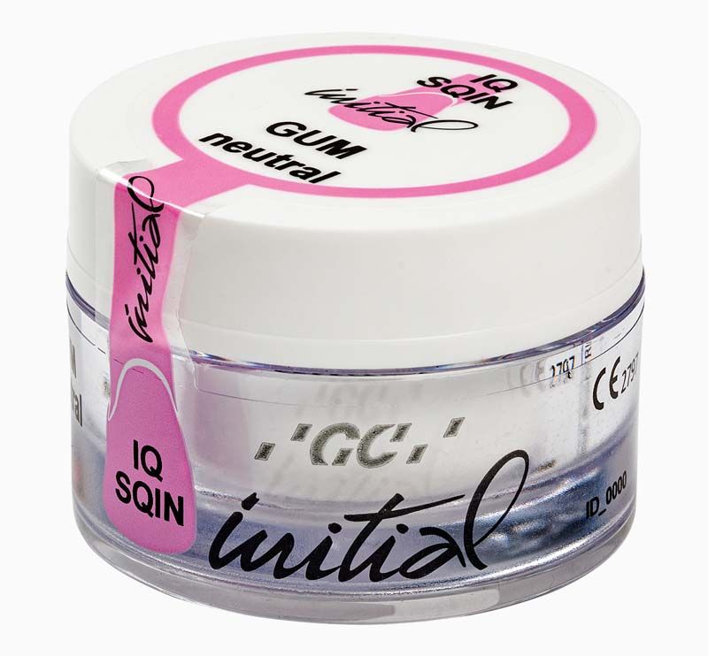 Dose GC Initial IQ SQIN Powder GUM neutral, 10g, mit weißem Deckel und pinkem Design.