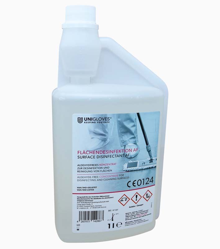 Flasche mit Flächendesinfektion AF, 1 Liter, weiße Verpackung.
