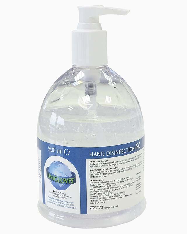 Desinfektionsgel Flasche 500ml mit Pumpverschluss und Etikett von Unigloves.