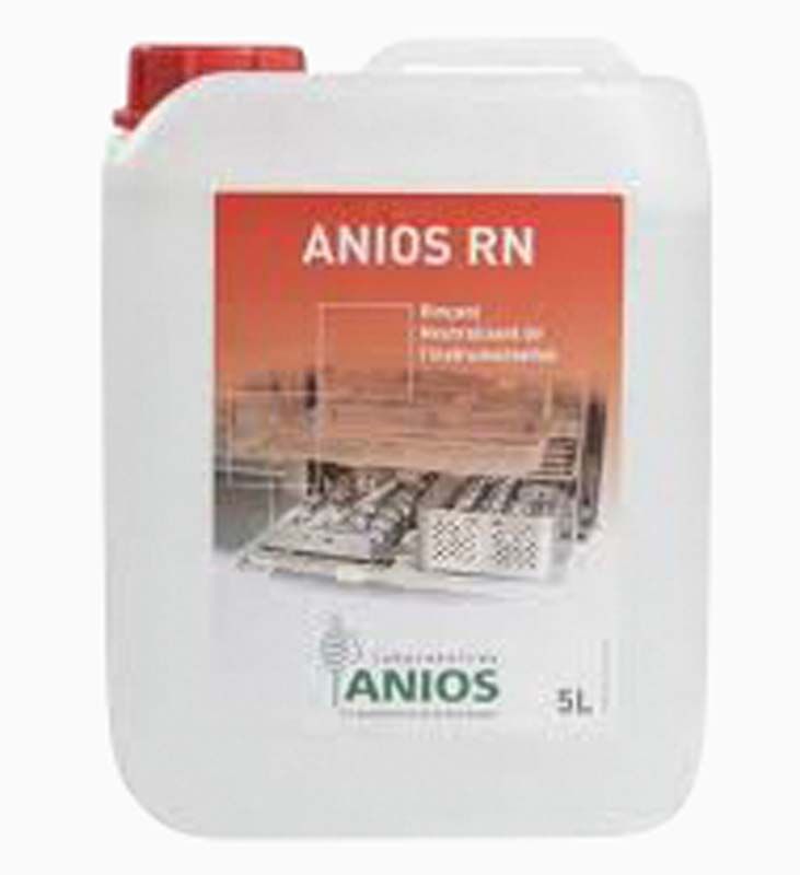 Kunststoffkanister mit Anios RN Etikett und rotem Verschluss, 5 Liter.