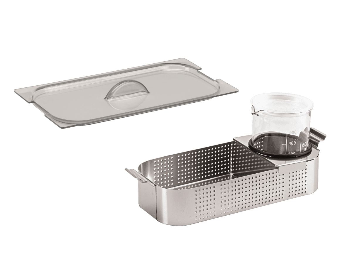 Eurosonic 4D Zubehörset mit Edelstahlkorb, Deckel und Becherhalter.